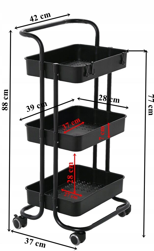 Wózek kuchenny regał pomocniczy na kółkach 3 półki czarny metal plastik