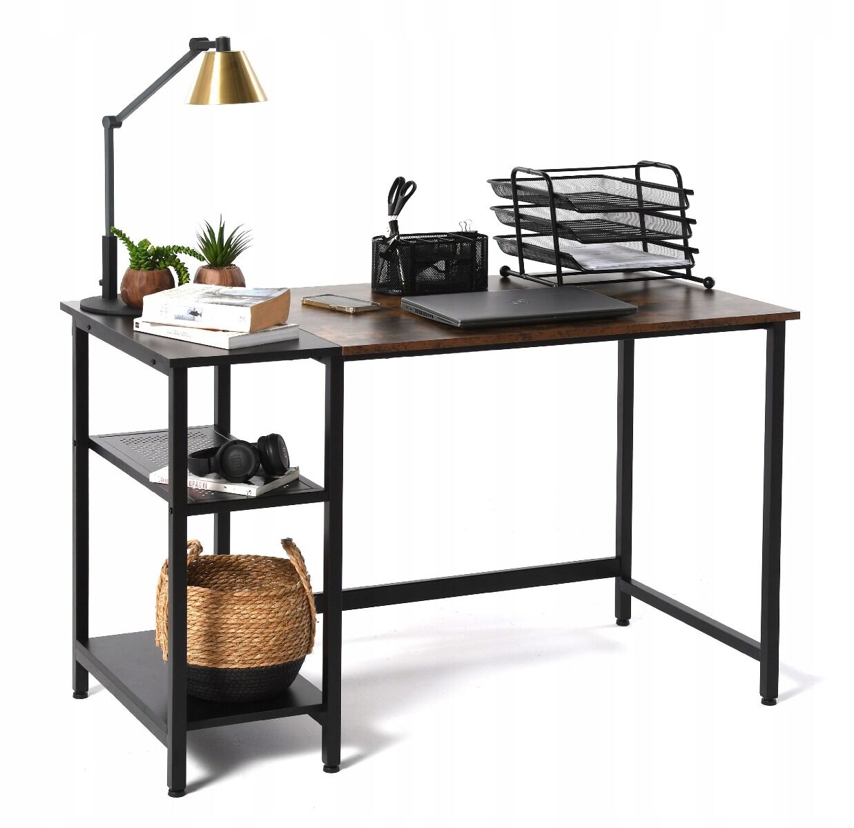 Biurko nowoczesne loft z 2 półkami rustykalny brąz