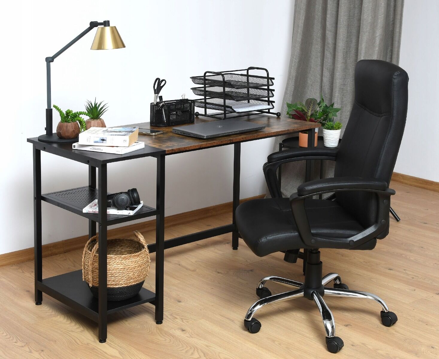 Biurko nowoczesne loft z 2 półkami rustykalny brąz