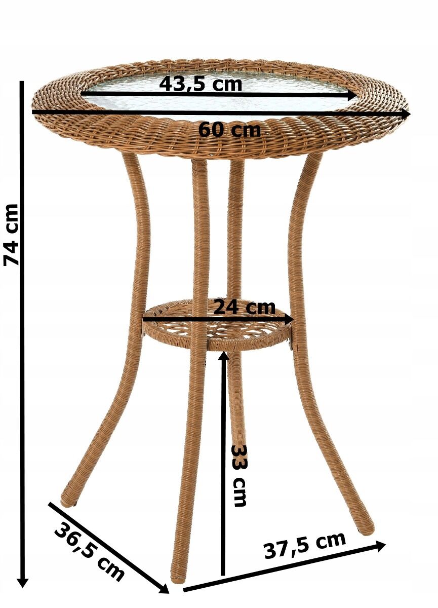 Stolik balkonowy rattan szklany śr. 60 cm boho