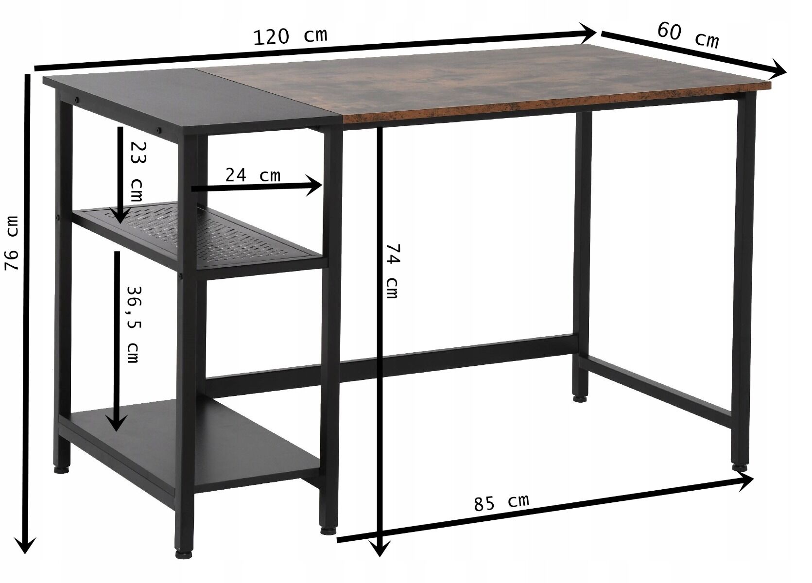 Biurko nowoczesne loft z 2 półkami rustykalny brąz