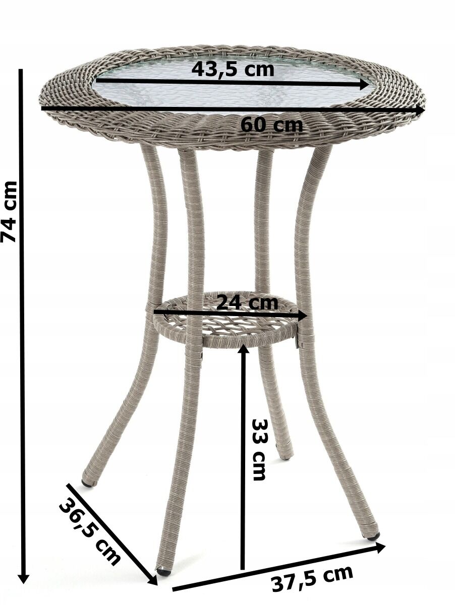 Stolik balkonowy rattan szklany śr. 60 cm szary