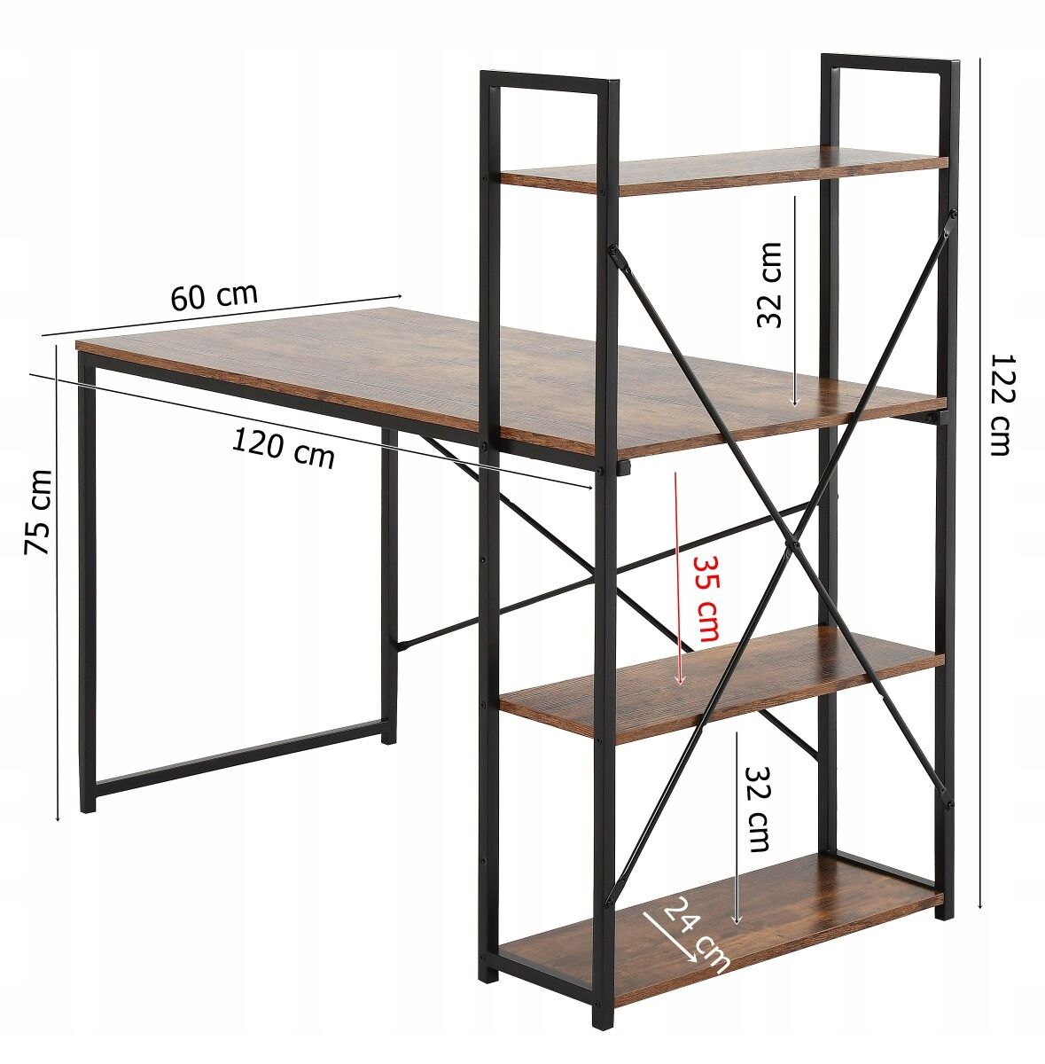 Biurko loft z dostawką regał MDF 120x60x75/122 cm